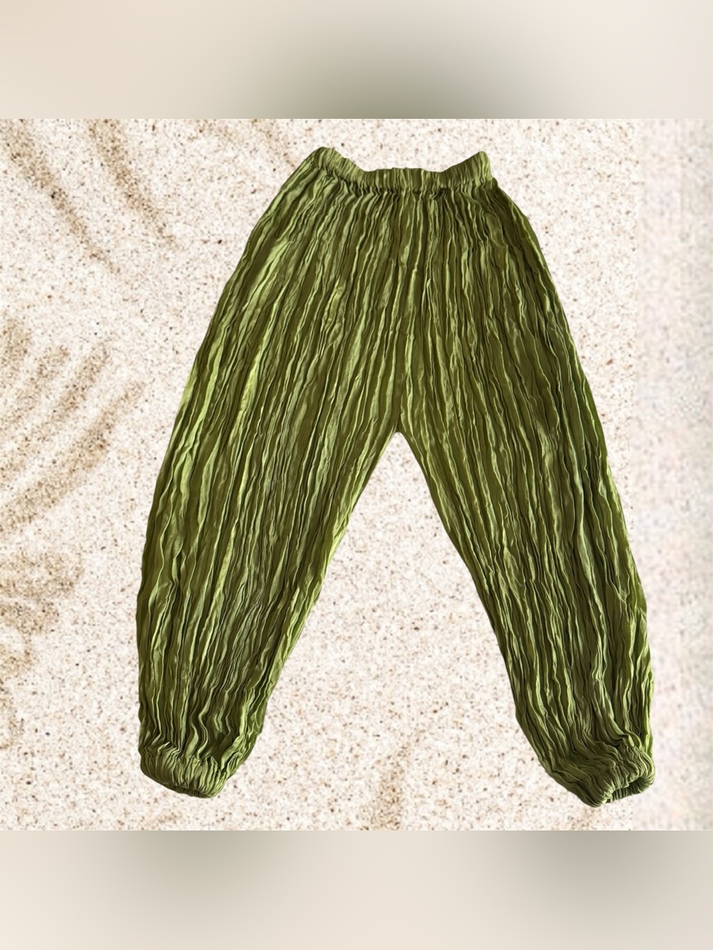 🛍️SALE🛍️ Women’s Boho Olive Green Wide-Leg Crinkle Pants Palazzo Harem Pants - Picture 4 of 5